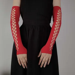 Red hollow-out mesh arm sleeves detail, stylish fishnet gloves for rave party and costume accessory.