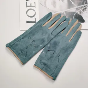 Cute bear suede fleece touchscreen warm gloves for women winter thermal cycling driving gear.