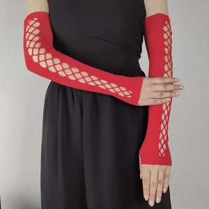 Red hollow-out mesh arm sleeves close-up, stretchy fishnet costume accessory for party.