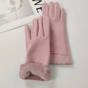 Pink thermal touch screen gloves detail view, soft velvet lining for winter warmth and cozy wear.