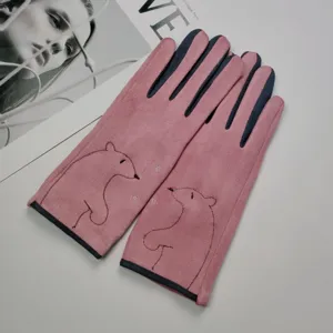 Cute bear suede touch screen warm gloves for women autumn and winter cycling driving