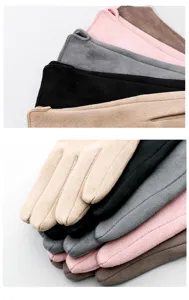 Women winter warm suede gloves detail view, soft velvet plush lining, multiple color options.