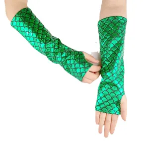 Iridescent mermaid scale fingerless long gloves for Halloween costume cosplay party wear.