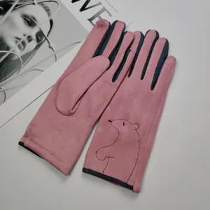 Pink faux suede winter gloves with cute bear embroidery, warm touch screen cycling mittens.