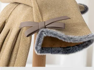 Knit gloves detail shot showing plush fur cuff and bow, perfect winter warm style showcase.