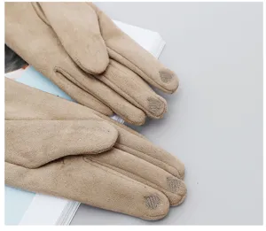 Women winter warm fleece lined suede touch screen gloves cute windproof cold weather mittens