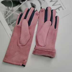 Pink suede touchscreen gloves detail, fleece lined warm winter gloves with cute floral embroidery.