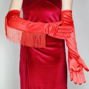 Red satin long gloves with fringe for women, perfect for cosplay, dance parties, and evening events.