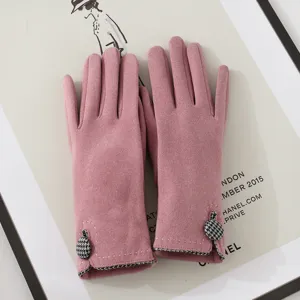 Guanti invernali donna touchscreen caldi rosa fodera pile bottone pied de poule fashion