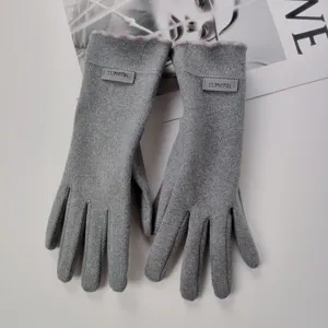 Grey thermal gloves detail view, soft velvet touch screen winter gloves for women warmth.