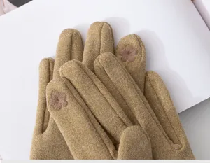 Winter warm knit touch screen gloves detail view, yellow fleece lined cycling outdoor wear.