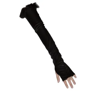 Vintage black velvet fingerless long gloves with feather trim, perfect for evening parties and proms.