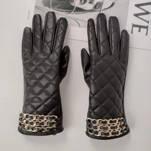 Women winter PU leather gloves with classic quilted pattern and elegant metal chain cuffs warm.