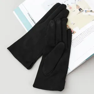 Black faux suede winter touchscreen gloves detail, warm windproof thermal cute gloves for women