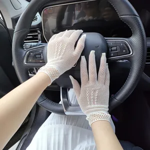 White fishnet lace gloves for women, sheer mesh breathable driving sunscreen gloves, Lolita style.