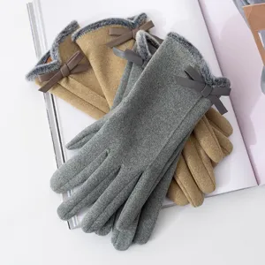Winter warm women gloves plush bow fleece lined touch screen detail presentation view