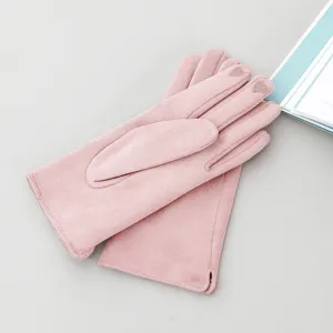 Pink winter suede touch screen gloves detail, soft fleece lining for warmth and windproof use.