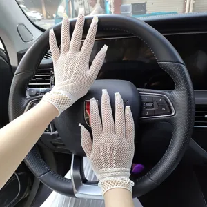 White lace mesh gloves for women, summer sun protection hollow out elastic driving bridal gloves.