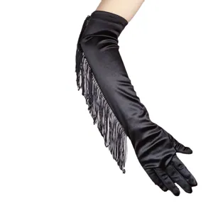 Black satin fringe long gloves 50cm stretch dress up costume party dance accessories