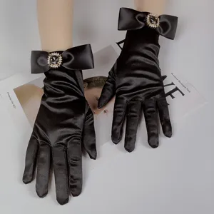 French Vintage Satin Gloves With Rhinestone Bow Women Elegant Bridal Wedding Photography Evening Party Gloves