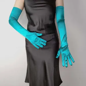 Detailed view of long satin opera gloves, vintage stretch color satin for evening party events.