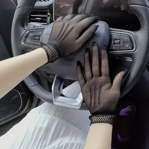 Women black mesh fishnet gloves thin breathable lace sun protection gloves for summer driving.