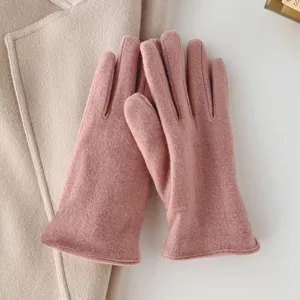 Pink winter cashmere knit gloves for women, warm fleece touch screen everyday detail view.