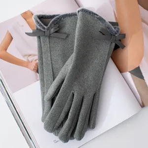 Women Winter Warm Gloves Touch Screen Fleece Lined Knit Gloves With Cute Bow And Faux Fur Cuff Outdoor Driving Mittens