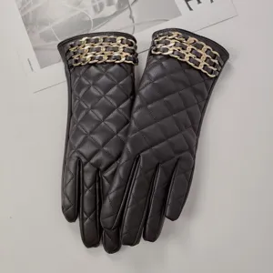 Women winter black PU leather gloves quilted warm touch screen windproof driving gloves