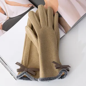 Women winter warm gloves with plush cuff and bow decor, stylish touch screen driving gloves.
