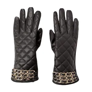 Women winter warm PU leather quilted gloves with luxury chain cuffs chic stylish driving