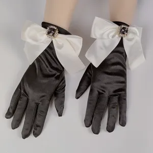 Guanti in Raso Stile Francese Vintage Eleganti Fiocco Strass Guanti da Sposa per Matrimonio Nero Bianco Guanti Corti
