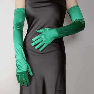 Elegant long green satin gloves for women, retro opera gloves for evening party, wedding, and events.