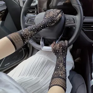 Black rhinestone mesh long gloves crystal fishnet opera gloves fashion accessory