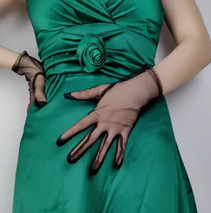 Elegant sheer black mesh short gloves for women, perfect for evening parties, weddings and photography.
