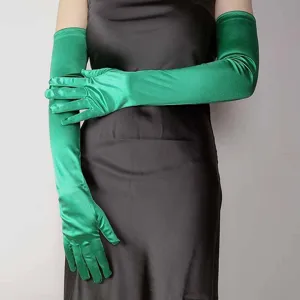 Retro Hepburn style long satin gloves, green stretch elastic costume gloves for weddings and proms.