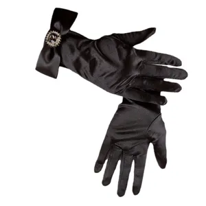 French vintage black satin bridal gloves with exquisite rhinestone bow for wedding photo.