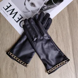 Schwarze Lederhandschuhe mit Goldkette schicke warme Damen Winter Handschuhe Gothic