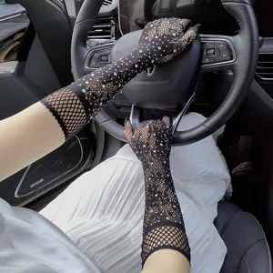 Black rhinestone mesh lace gloves, sparkling crystal fishnet long rave party gloves for women.