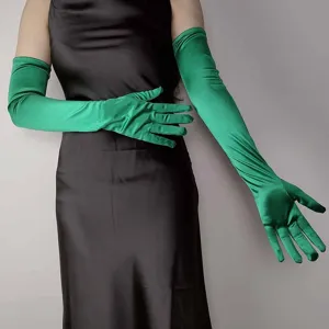 Detailed view of elegant long green satin stretch opera gloves for evening parties, weddings and events.