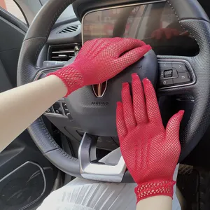 Red mesh lace gloves for women, sheer elastic summer sun protection driving gloves.