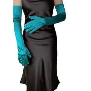 Audrey style long satin stretch opera gloves for evening parties, weddings, and formal events.