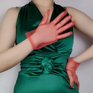 Sheer red mesh wedding gloves tulle bridal short gloves elegant party evening accessories