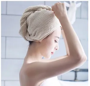 Beige waffle coral fleece dry hair cap detail, ultra-absorbent bath towel wrap for women.
