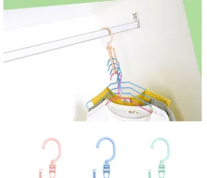 Detail view of the multi-hole rotating plastic magic clothes hanger in closet organization.