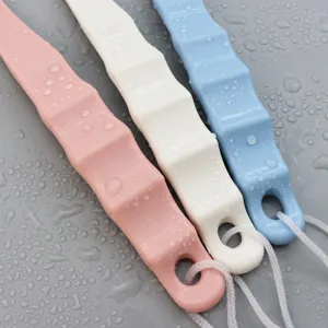 Long handled bath shower brush with hanging rope, silicone back scrubber for daily body cleaning.