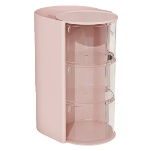 Pink desktop cosmetic organizer with multi-tier rotating transparent dustproof drawers.