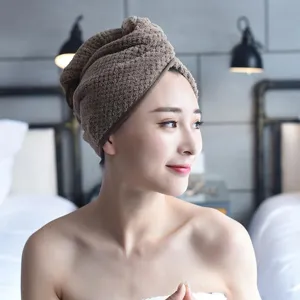 Soft coral fleece dry hair cap in solid brown, super absorbent hair towel wrap for women.