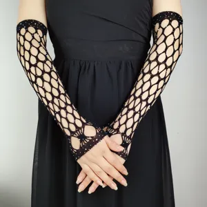 Black fishnet rhinestone fingerless long gloves, sexy rave EDM party costume accessories.