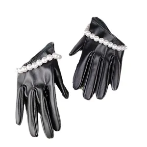 Women short black faux leather gloves with pearl wrist trim for party performance wear